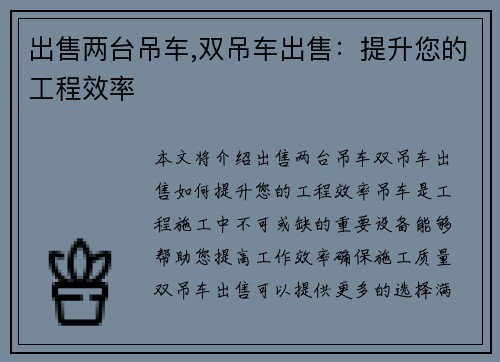 出售两台吊车,双吊车出售：提升您的工程效率