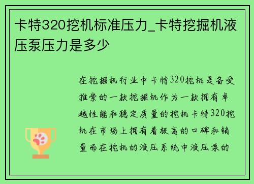 卡特320挖机标准压力_卡特挖掘机液压泵压力是多少